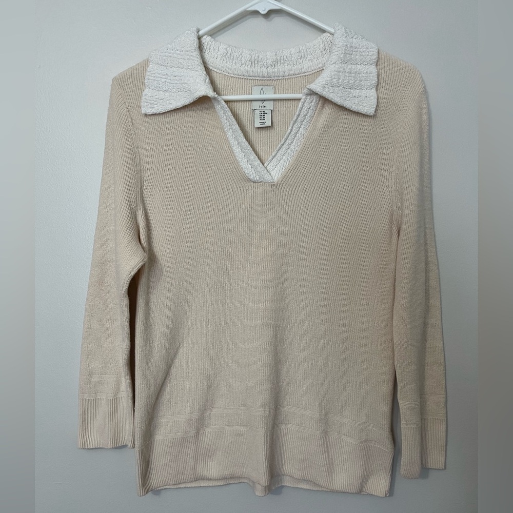 Joie 100% Cotton Cream V-Neck Sweater with White Collar